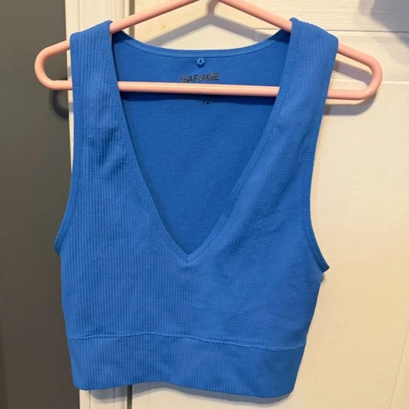 Bright Blue Ribbed V-Neck Crop Tank - Picture 1 of 2